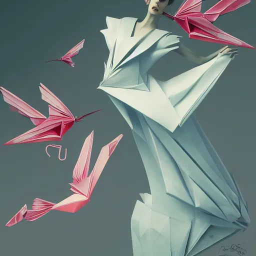 Image similar to 3 / 4 view of a beautiful girl wearing an origami dress, eye - level medium shot, hummingbirds, elegant, by eiko ishioka, givenchy, by peter mohrbacher, centered, fresh colors, origami, fashion, detailed illustration, vogue, high depth of field, japanese, reallusion character creator