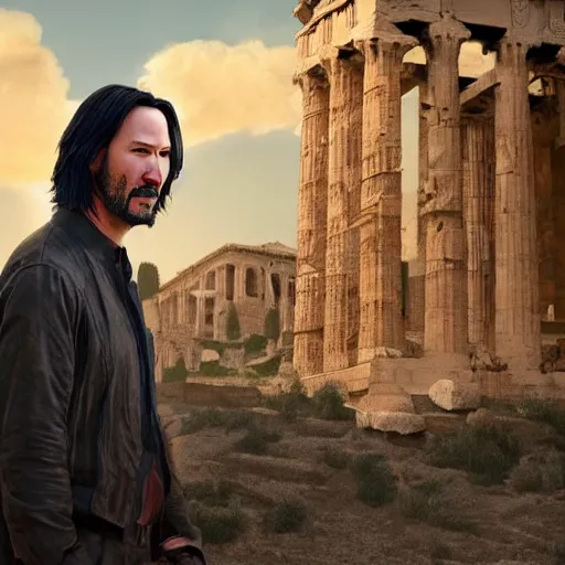 Prompt: Pixar movie about Keanu Reeves invasion of Ancient Athens, UFOs, portrait, intricate, 8k highly professionally detailed, HDR, CGsociety