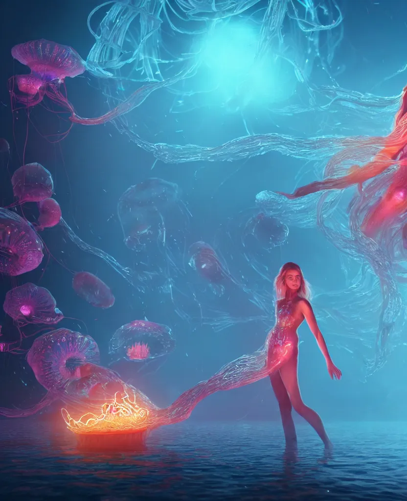 Image similar to close-up portrait of a beautiful princess floating in ethereum surrounded by floating jellyfish, energy flows of fire and water, flashes of plasma, 3d with depth of field, blurred background, a highly detailed epic cinematic concept art CG render. made in Maya, Blender and Photoshop, octane render, excellent composition, cinematic dystopian brutalist atmosphere, dynamic dramatic cinematic lighting, aesthetic, very inspirational, arthouse. y Greg Rutkowski, Ilya Kuvshinov, WLOP, Stanley Artgerm Lau, Ruan Jia and Fenghua Zhong