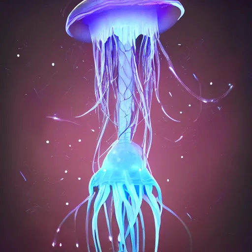 Prompt: magical jellyfish on a wizards staff, glowing luminescent jellyfish spear, concept art, artstation, moods by beeple, wlop, and greg rutkowksi