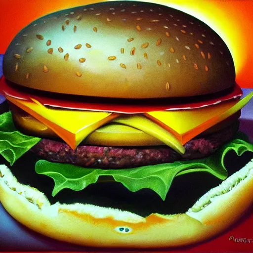 Image similar to oil painting of a burger made by greg rutkowsky, creepy, horror, dramatic light, nightmare,