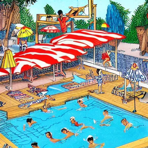 Image similar to where's waldo book page highly detailed, swimming pool setting