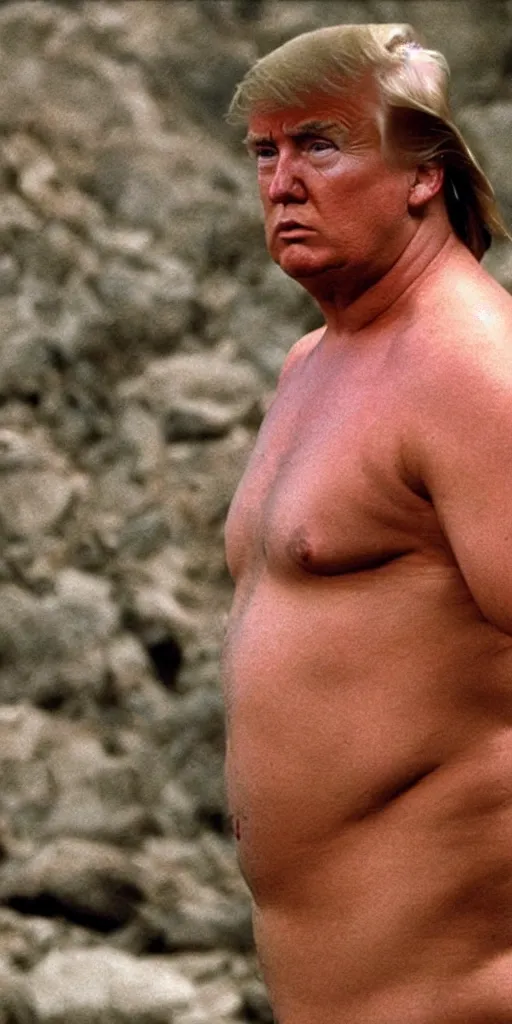 Prompt: shirtless chubby donald trump in rambo movie posten