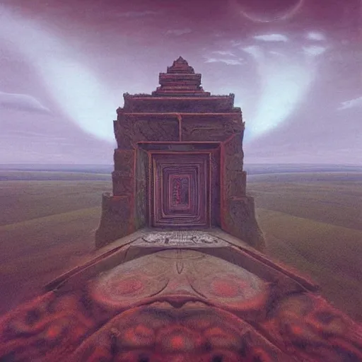 Image similar to “looking out at the Temple of Time from LOZ: OOT hyperrealism in the style of Zdzisław Beksiński. Trending on artstation”