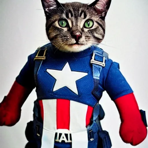 Image similar to a cat wearing captain america's outfit