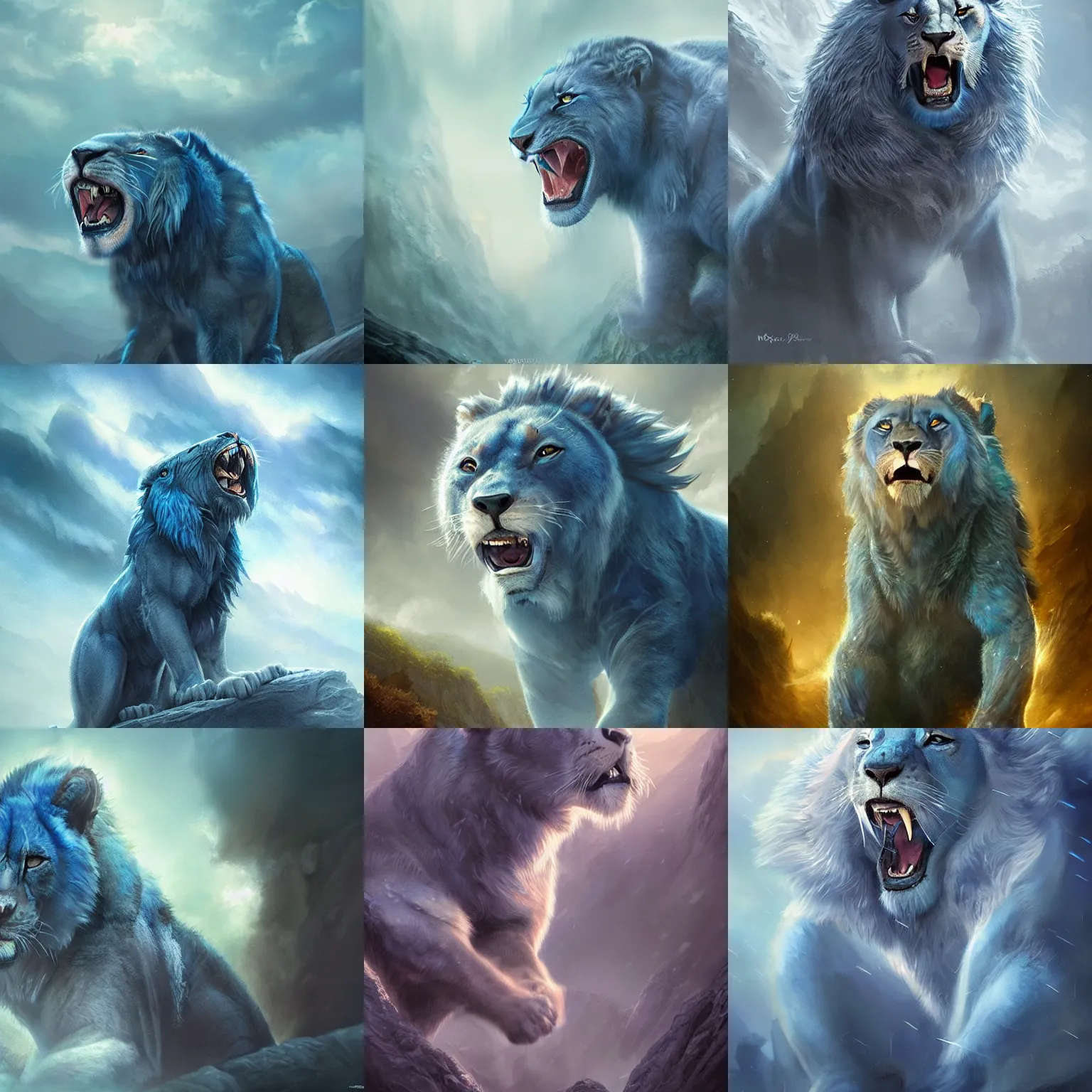 Prompt: a majestic blue roaring lion. mystical ambience. soft lighting. highly detailed matte painting. ross tran.