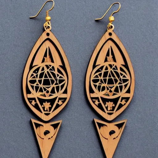 Prompt: 2 d wood lasercut earrings, mystical symbols, 8 k, hd, trending on artstation, trending on deviantart, trending on etsy, epic digital art