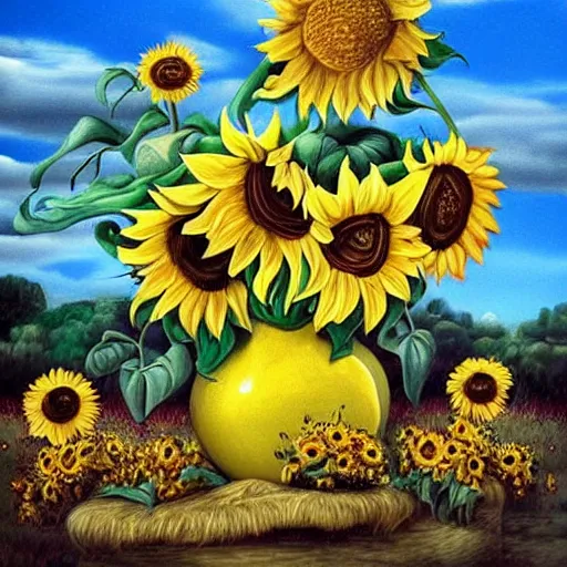 Image similar to lions and sunflowers 🌻🌫 in the style of salvador dali