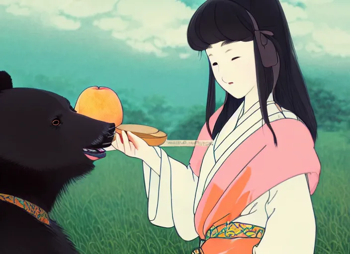 Prompt: a girl wearing a kimono giving a peach to a large anthropomorphic asian black bear, featured in artstation, artgerm, octane render, award winning, cinematic, elegant, intricate, 8 k, close up, in the style of studio ghibli and heikala and alphonse mucha and timothy kong and laia lopez and viorie,