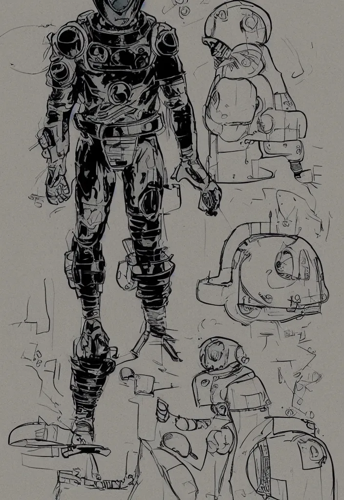 Prompt: male, heroic figure, space suit with a modern helmet, science fiction, sketch, character sheet, very stylized, digital art, illustration on kraft paper, pen and ink, digital painting, by mike mignola, by alex maleev