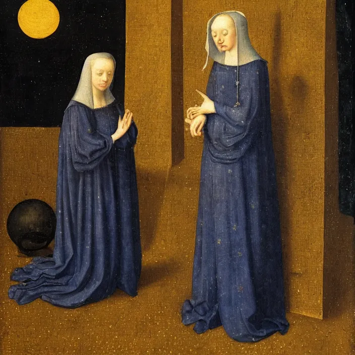 Prompt: a woman trapped in a star, early netherlandish painting