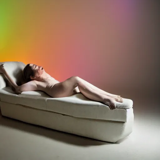 Image similar to This performance art is a beautiful example of use of color and light. The performance art depicts a woman reclining on a couch, with her head turned to the side and her eyes closed. The woman's body is bathed in a light, and her skin appears to glow. The artist has used a soft, delicate palette to create a sense of tranquility and serenity. The performance art is elegant and graceful, and the woman's face is incredibly expressive. It is a truly beautiful performance art. gray, iStock by William Zorach turbulent