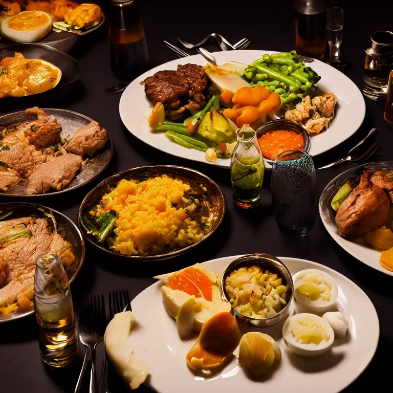 Prompt: close - up focused dslr photograph of an botswana dinner, 8 k, high detail, volumetric lighting, hyperrealism, aesthetically pleasing, studio lighting, trending