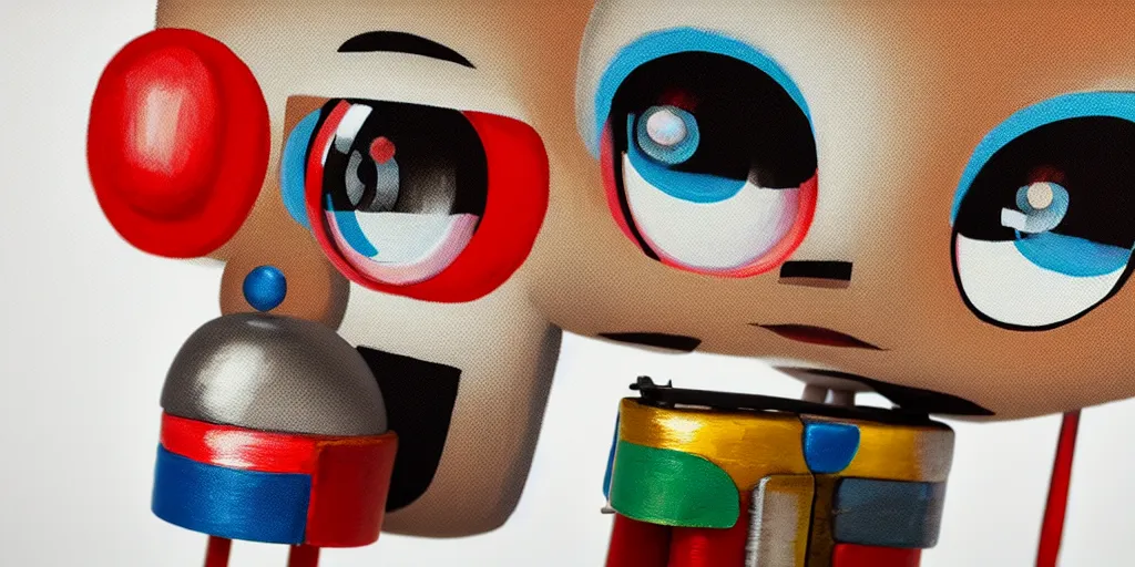 Image similar to closeup portrait of tin toy retro robot painter painting with gouache on white paper, in an artist workshop, depth of field, zeiss lens, detailed, centered, fashion photoshoot, by nicoletta ceccoli, mark ryden, lostfish, breathtaking, 8 k resolution, extremely detailed, beautiful, establishing shot, artistic, hyperrealistic, octane render