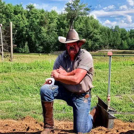 Prompt: a cowboy kneeled on the ground with a broken metal detector almost in tears and desperate when he realizes he can't dig for treasure