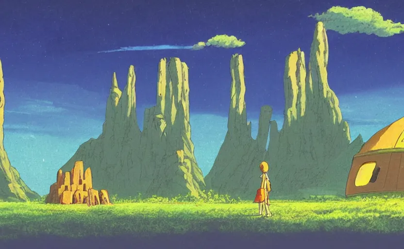 Image similar to a cell - shaded studio ghibli concept art from paprika ( 2 0 0 6 ) of a spaceship from close encounters of the third kind ( 1 9 7 7 ) in a lush temple that looks like monument valley stonehenge jungle. a caravan is in the foreground. very dull colors, portal, hd, 4 k, hq