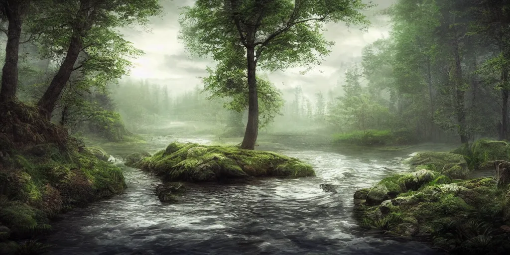 Image similar to beautiful matte painting of river in forest, fantasy, small cabin