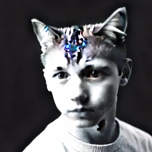 Image similar to a photo of a young man with a cat sitting on top of his head
