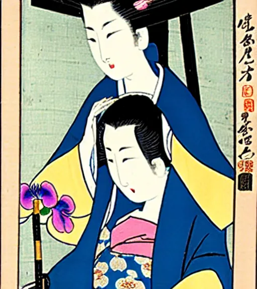 Image similar to madonna the singer in a beautiful kimono holding in her hand a fan, sitting on the floor next to a black and white playing cat, in the background a folding screen with blue irises and a window with bamboo. in the style of bijin - ga.