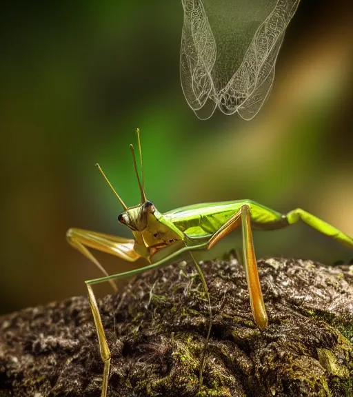 Image similar to super macro photo of a golden iridescent praying mantis on a flower in a forest. dof. bokeh. magical atmosphere. art by greg rutkowski. lifelike. very detailed 8 k. intricate. soft light. nikon d 8 5 0.