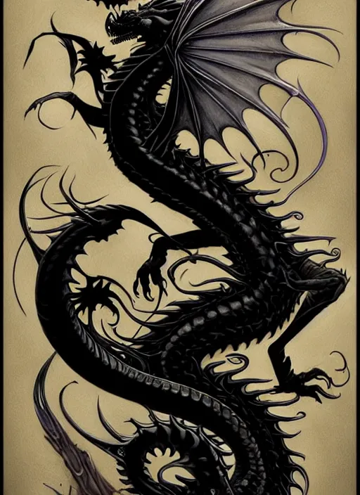 Image similar to an art nouveau, black dragon portrait in the style of charlie bowater, and in the style of donato giancola, and in the style of charles dulac. very large, clear, expressive, intelligent eyes. symmetrical, centered, ultrasharp focus, dramatic lighting, photorealistic digital painting, intricate ultra detailed background.