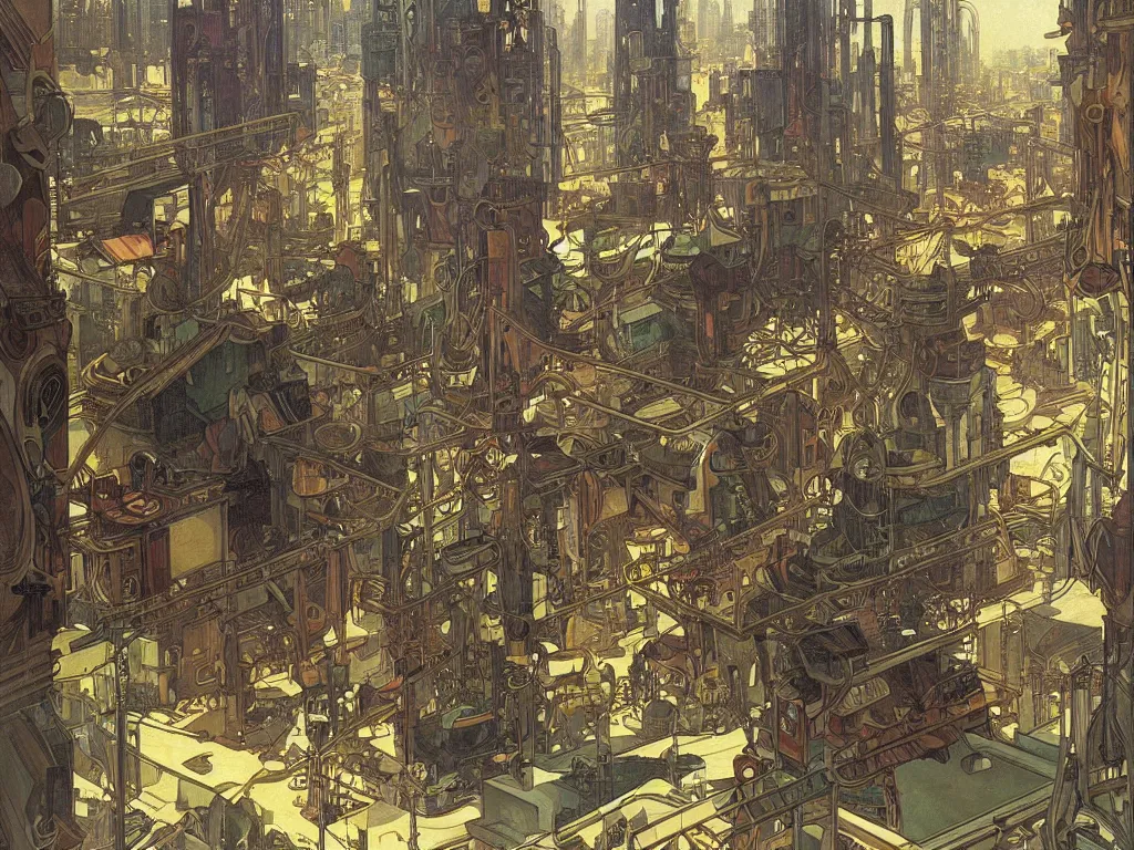 Image similar to industrial neighborhood in a cyberpunk city, by alphonse mucha, dynamic composition, dramatic lighting, hyper - realistic, ultra detailed