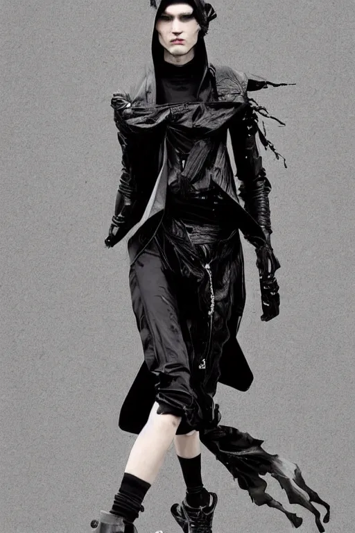 Image similar to beautiful androgynous high fashion avant garde techwear look and clothes, we can see them from feet to head, highly detailed and intricate, luxury, cinematic, rick owens, yohji yamamoto, y 3, outfit photo, hot on r / streetwear, trending on artstation,