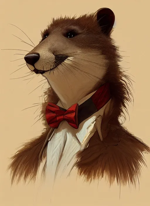 Image similar to Character portrait of a happy furry anthro weasel wearing a bowtie in the desert wilderness, intricate, elegant, highly detailed, digital painting, artstation, concept art, smooth, sharp focus, illustration, art by Krenz Cushart and Artem Demura and alphonse mucha