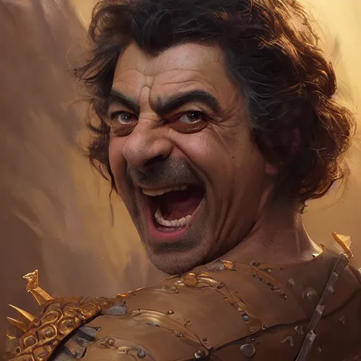 Image similar to portrait of Rowan Atkinson as a barbarian, detailed, centered, digital painting, artstation, concept art, donato giancola, Joseph Christian Leyendecker, WLOP, Boris Vallejo, Breathtaking, 8k resolution, extremely detailed, beautiful, establishing shot, artistic, hyperrealistic, octane render