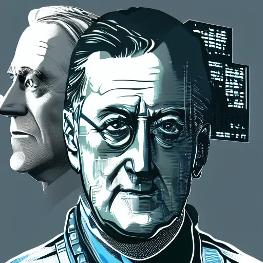 Image similar to cyberpunk franklin delano roosevelt as the leader of a futuristic communist nation, cybernetics, sharp lines, digital, artstation, colored in