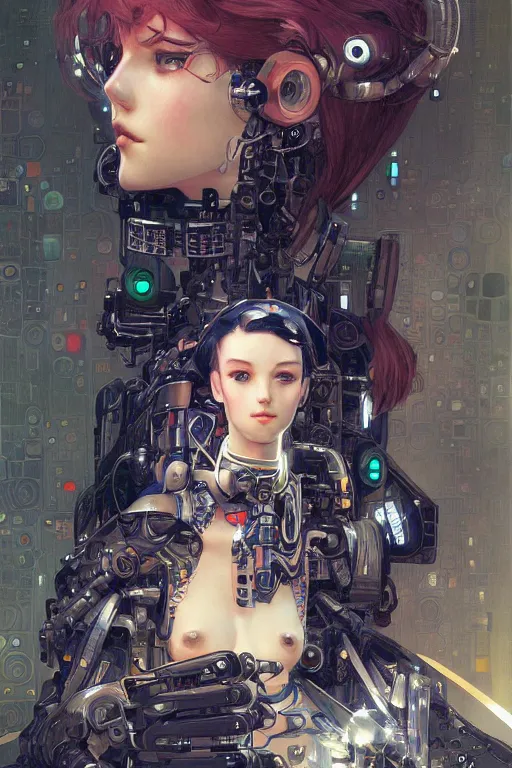 Image similar to portrait of beautiful young robot, cyberpunk, Warhammer, highly detailed, artstation, illustration, art by Gustav Klimt and Range Murata and Ilya Kuvshinov and Sakimichan