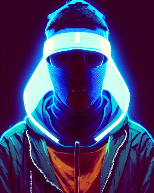 Image similar to cyberpunk synth, hyper - realistic portrait of a man in a hoodie with detailed neon mask, cyberpunk, by atey ghailan, by greg rutkowski, by greg tocchini, by james gilleard, by joe fenton, by kaethe butcher, dynamic lighting, gradient light blue, brown, cinematic lighting color scheme, sharp focus, grunge aesthetic