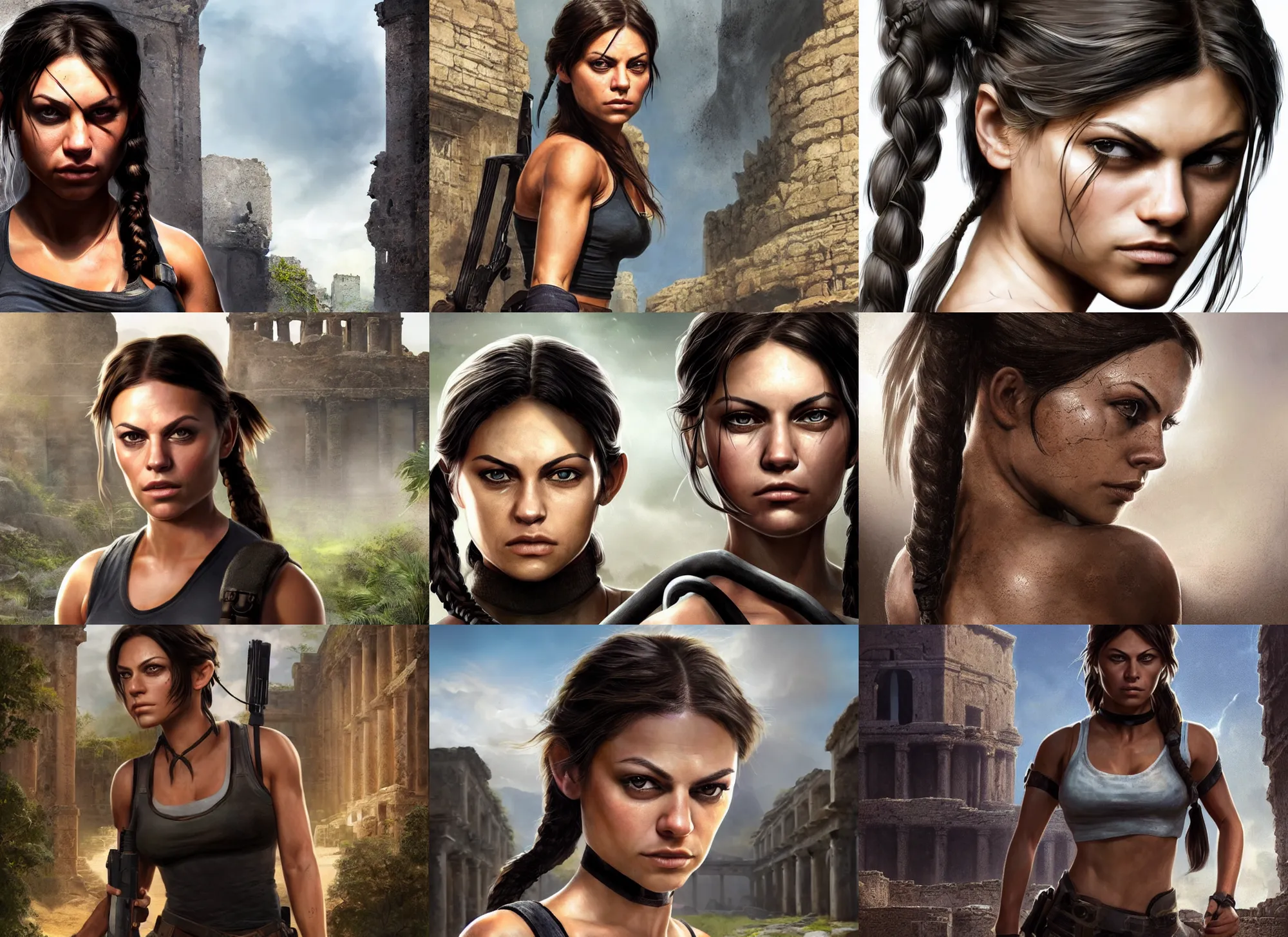 Image similar to face portrait of focussed muscled Mila Kunis as young Lara Croft with pigtails hair walking out epic ancient ruins directly looking into the camera, wearing black choker, sun beams, intricate, elegant, highly detailed, centered, sharp digital painting, artstation, concept art, smooth, sharp focus, illustration, Allan Lee, John Howe