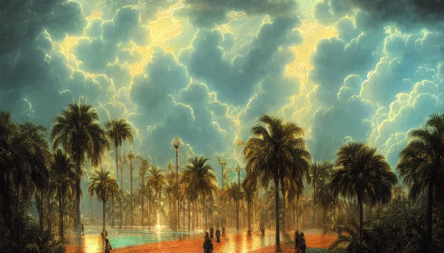 Image similar to a ultradetailed beautiful painting of the thunderstorm sky of the amazonas palace balustrade designed by gustave dore, derek zabrocki, greg rutkowski, belsinski, beach, trending on artstation, mediterranean, palm trees, sharp focus, colorful refracted sparkles and lines, soft light, 8 k 4 k