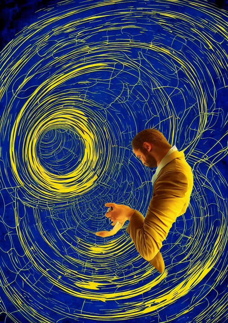 Image similar to Behind the troubled indecisive man was The portal into his imagination containing a swirling vortex of memories and ideas. High concept art. Introspective. Blue black gold themed.