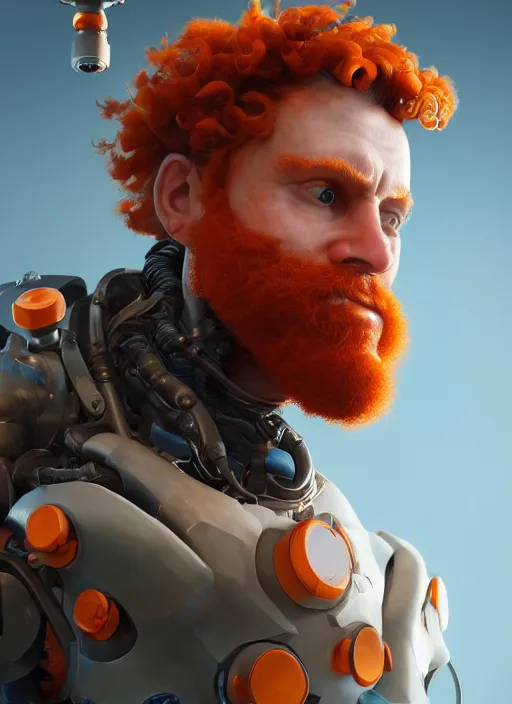 Image similar to biopunk portrait of curly orange hair man as a scientist, au naturel, hyper detailed, digital art, trending in artstation, cinematic lighting, studio quality, smooth render, unreal engine 5 rendered, octane rendered, art style by pixar dreamworks warner bros disney riot games and overwatch.