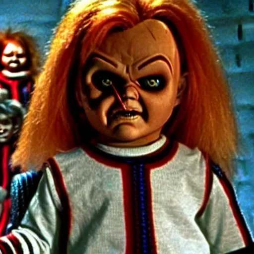 Image similar to Chucky the killer doll from the movie Child's Play leading an army of scary looking evil killer dolls