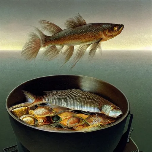 Image similar to a fish on the top of a pile of fish, inside a cooking pot, side view, by vladimir kush, dystopian aer, rococo