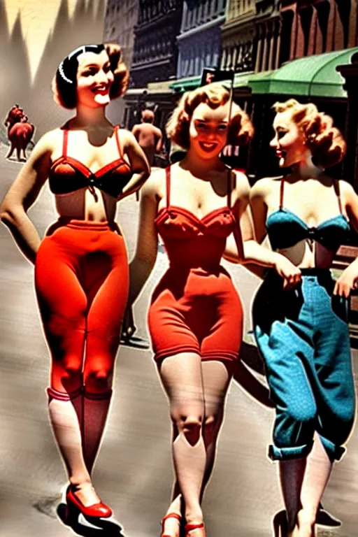 Image similar to 1940s group of pinup bikini girls walking down the street in 1940s Manhattan, oil painting, by Gil Elvgren