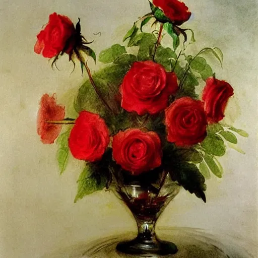 Image similar to red roses in a crystal vase, water paint, watercolor blooms, jmw turner, john singer sargent