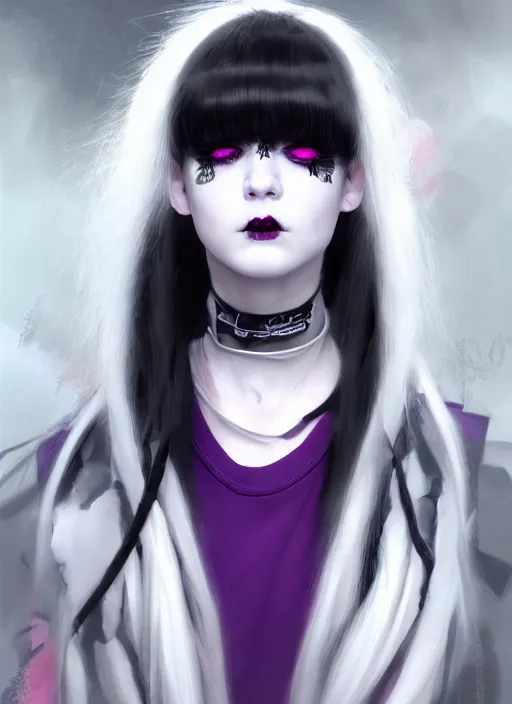 Image similar to portrait of white teenage girl, normal face, white bangs, mall goth, cyberlox, black and white hair, bangs, fluffy bangs, red contact lenses, purple lipstick, intricate, elegant, highly detailed, digital painting, artstation, concept art, sharp focus, smooth, illustration, art by wlop, mars ravelo and greg rutkowski