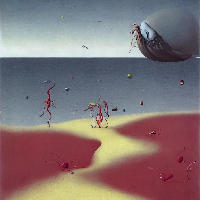 Image similar to the first color getting out of the primordial ocean to walk on land. codex seraphinianus. painting by yves tanguy, jan van eyck, moebius, walton ford, rene magritte