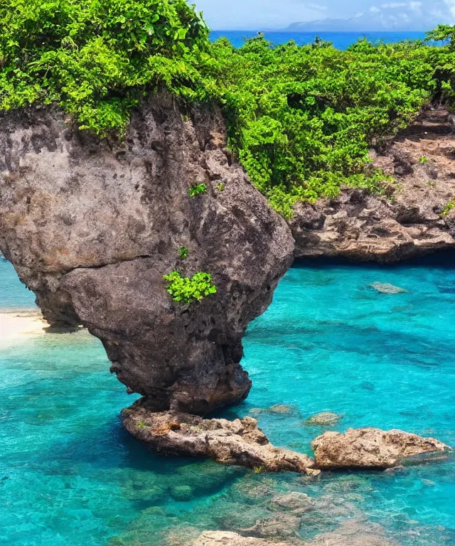 Prompt: turtle bay beach jamaica, sharp cliffs, island with cave