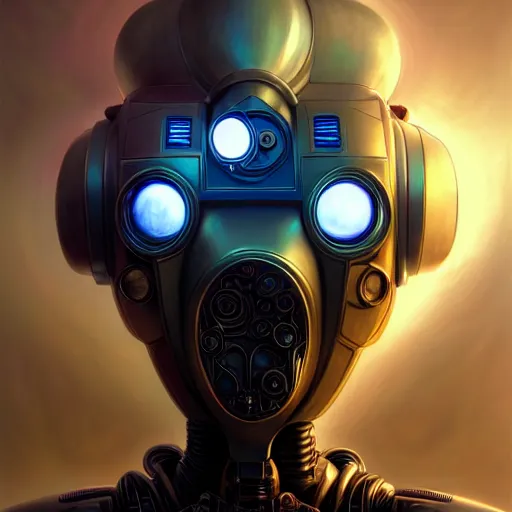 Image similar to low angle shot of a cyberpunk gazmask robot character, intricate, elegant, highly detailed, centered, digital painting, artstation, concept art, front shot, smooth, sharp focus, illustration, artgerm, Tomasz Alen Kopera, Peter Mohrbacher, donato giancola, Joseph Christian Leyendecker, WLOP, Boris Vallejo