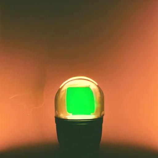 Image similar to a glowing lightbulb, a green plant inside, polaroid photo, surreal,