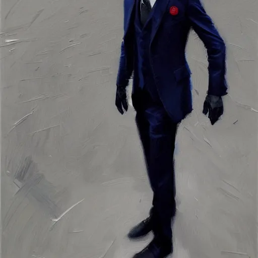 Prompt: A painting of a vampire dressed in a dark blue three piece suit with a red tie, 40 years old, ponytail, black hair, some grey in the hair, detailed, oil paint, by Greg Rutkowski, trending on artstation