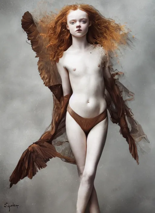 Prompt: sadie sink expressive full body photo of an angels dancing, glamour shot, by jenny saville, by stefan gesell, photorealistic, canon r 3, fashion photography, hyper maximalist, elegant, ornate, luxury, elite, environmental portrait, symmetrical features, octane render, unreal engine, solid dark grey background, dramatic lights