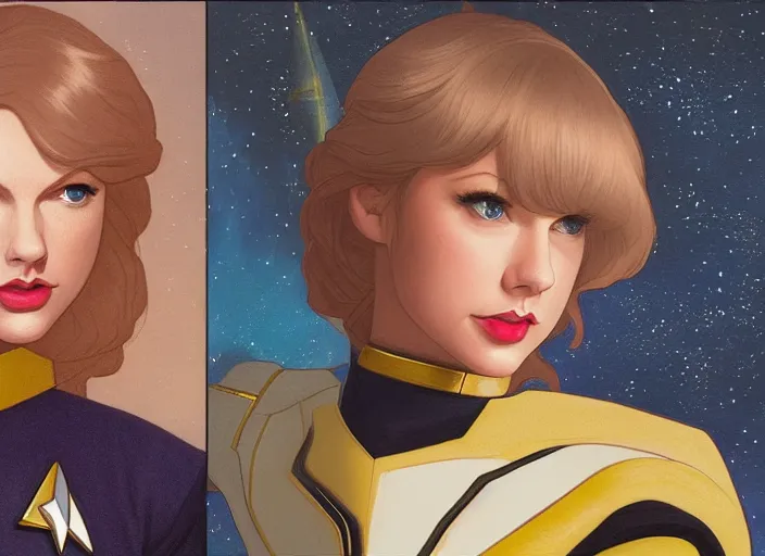 Image similar to a disney film still of taylor swift as a star trek officer, finely detailed features, closeup of the face, perfect art, dusk, blue hour, gapmoe yandere grimdark, trending on pixiv fanbox, painted by greg rutkowski, makoto shinkai, takashi takeuchi, alphonse mucha, akihiko yoshida