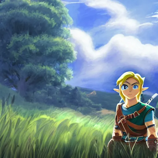 Prompt: A photo of Link from Zelda sitting in a field on a sunny day with clouds in the sky, he is very old