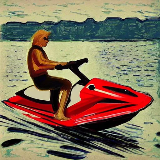 Image similar to digital art of a chicken on a jet ski, realistic, stylized, artstation, edward munch